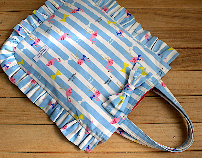 * frill tote bag [ flamingo on stripe ]