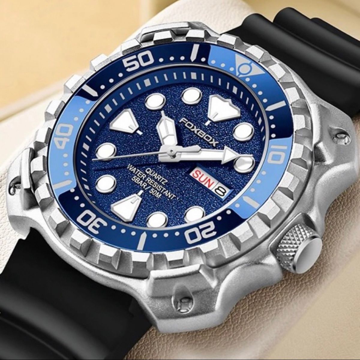 新品 FOXBOX ブルーフェイスウォッチ 50M防水 メンズ腕時計 シリコンラバーストラップ  FB0044