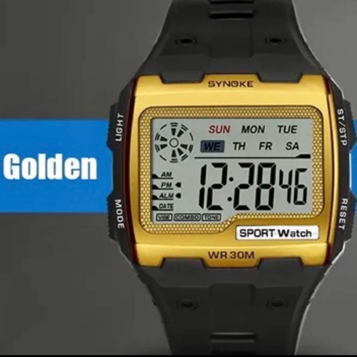 新品 SYNOKE ビッグフェイスデジタル 防水 デジタルストップウォッチ メンズ腕時計 スクエア ゴールド