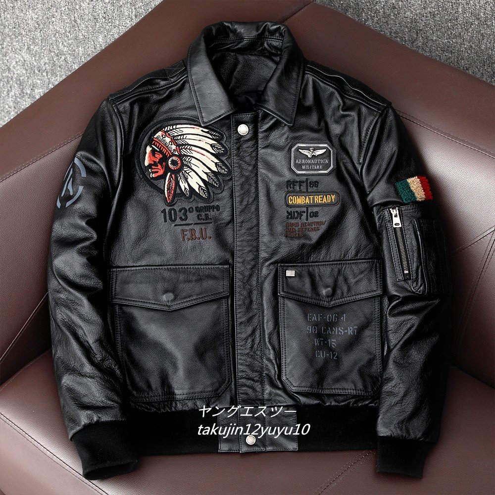 新品*25万 ライダースジャケット 革ジャン 本革ma-1フライトジャケット 最高級 イタリアンレザー バイクウェア 豪華刺繍 ブルゾン 2XL_画像2