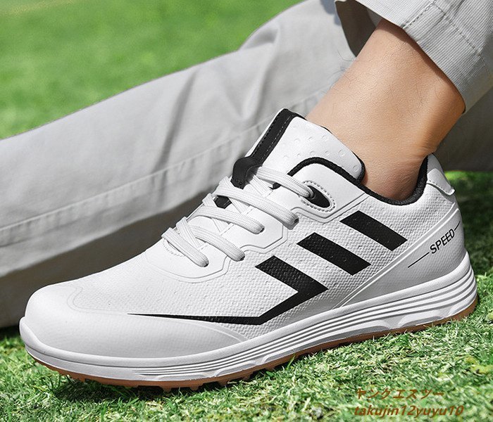 新品セール◆ゴルフシューズ Golf shoes メンズ スニーカー 運動靴スポーツシューズ 紳士 グラデーション幅広 防滑 撥水 耐磨 白/黒 25.0cm_画像1