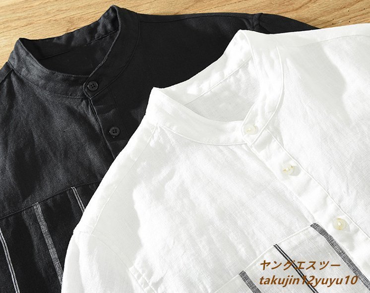 新品◆半袖シャツ リネンシャツ ヘンリーネックシャツ 配色 ワイシャツ ストライプ柄 メンズ サマーシャツ 清涼 麻100% ヴィンテージ 黒 M_画像6