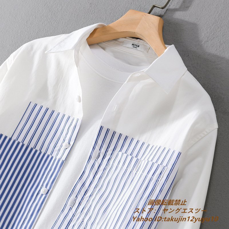 新品■長袖シャツ メンズシャツ カジュアルシャツ ストライブ柄 切替tシャツ ブラウス 上質 心地良し コットン100％ 極美品 紫外線対策 3XL_画像3