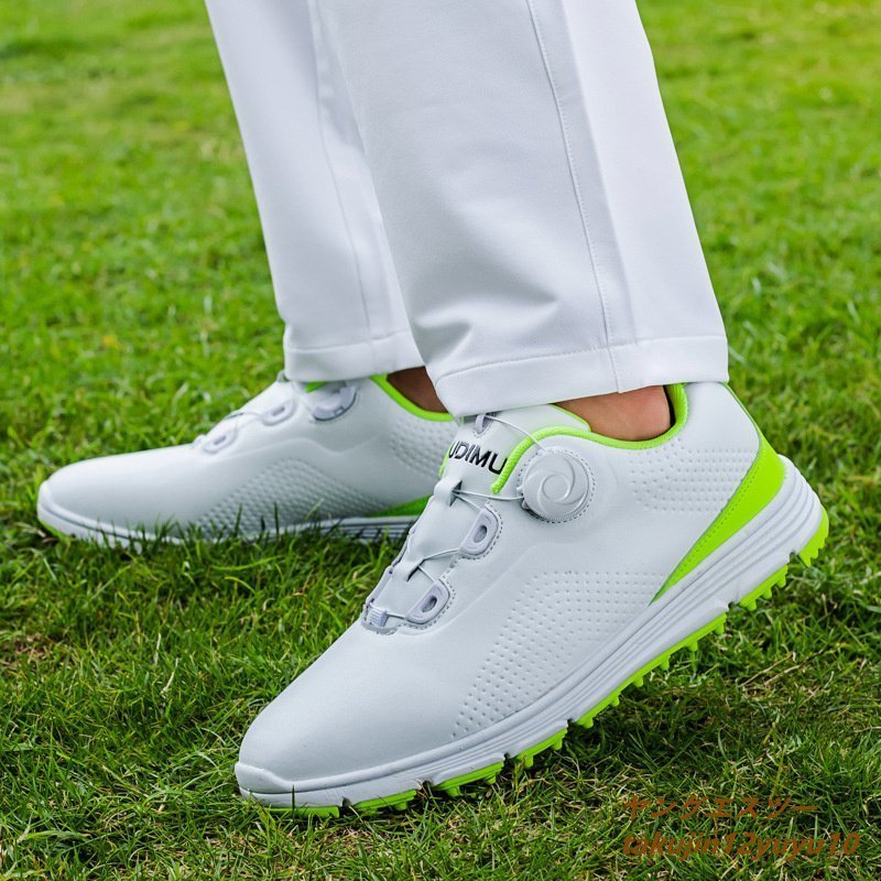 【人気商品】 shoes Golf ダイヤル スニーカー メンズ 新品セール■ゴルフシューズ ソフトスパイク靴 26.0cm 白/緑 防水防滑耐磨 ワイドスポーツシューズ 26.0cm