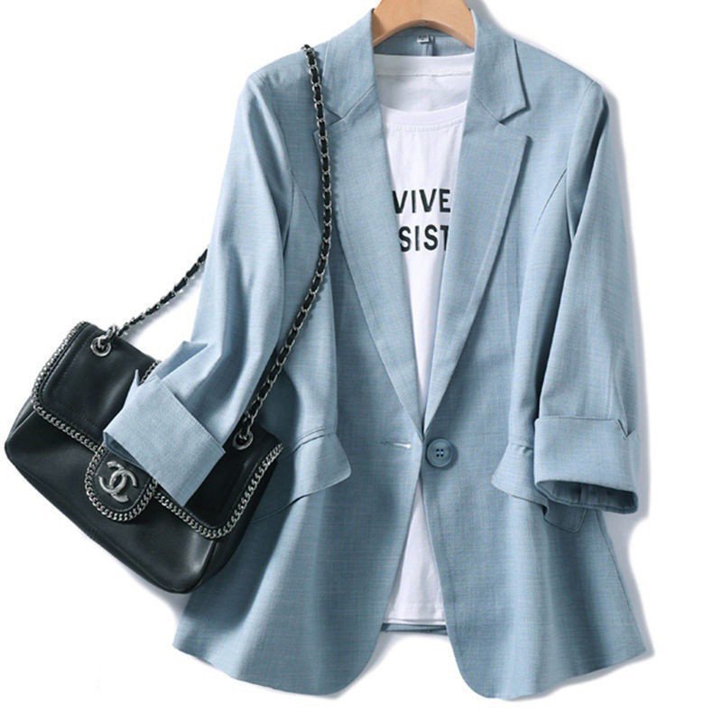  tailored jacket lady's suit jacket linen summer 7 minute sleeve thin summer jacket kaju blue *S~3XL size selection /1 point 