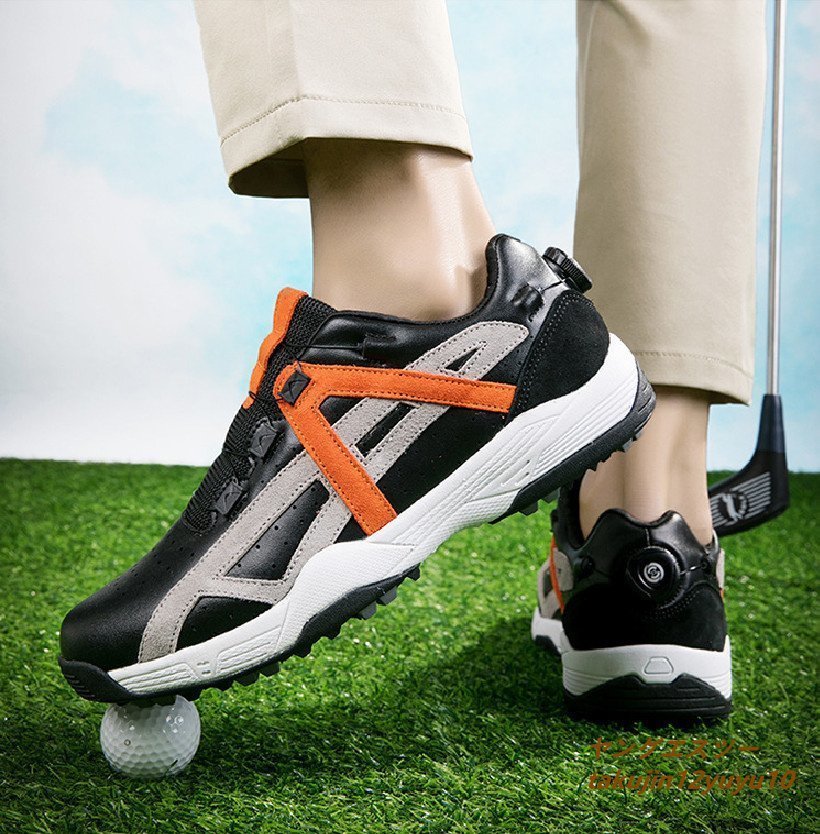 【送料無料】 牛革 運動靴 ダイヤル式 メンズ 新品 ゴルフシューズ 最高級 スポーツシューズ 25.0cm 黒系 弾力性 耐磨 防滑 防水 軽量 幅広いフィット感 25.0cm