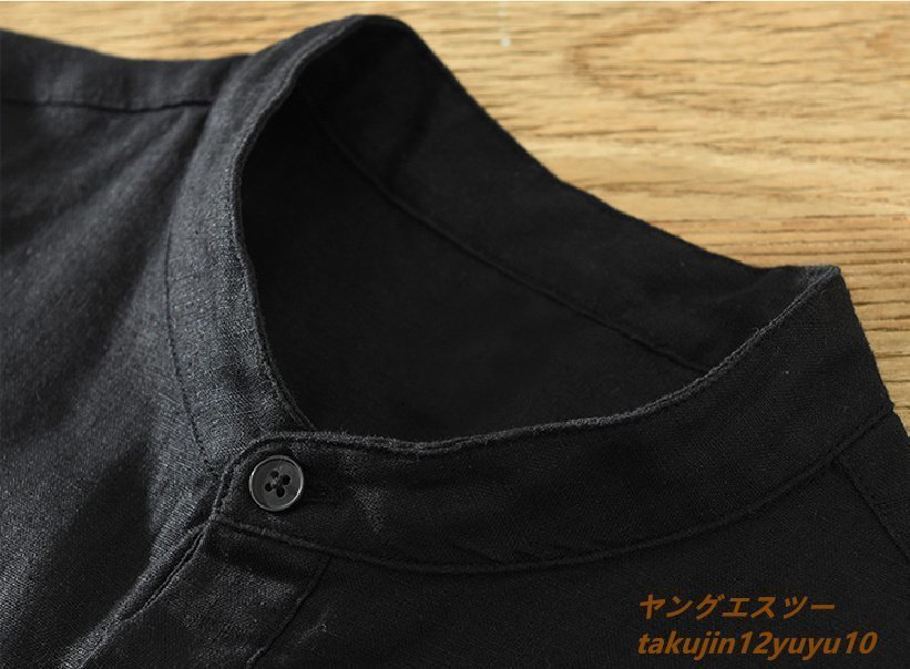 新品◆半袖シャツ リネンシャツ ヘンリーネックシャツ 配色 ワイシャツ ストライプ柄 メンズ サマーシャツ 清涼 麻100% ヴィンテージ 黒 M_画像2