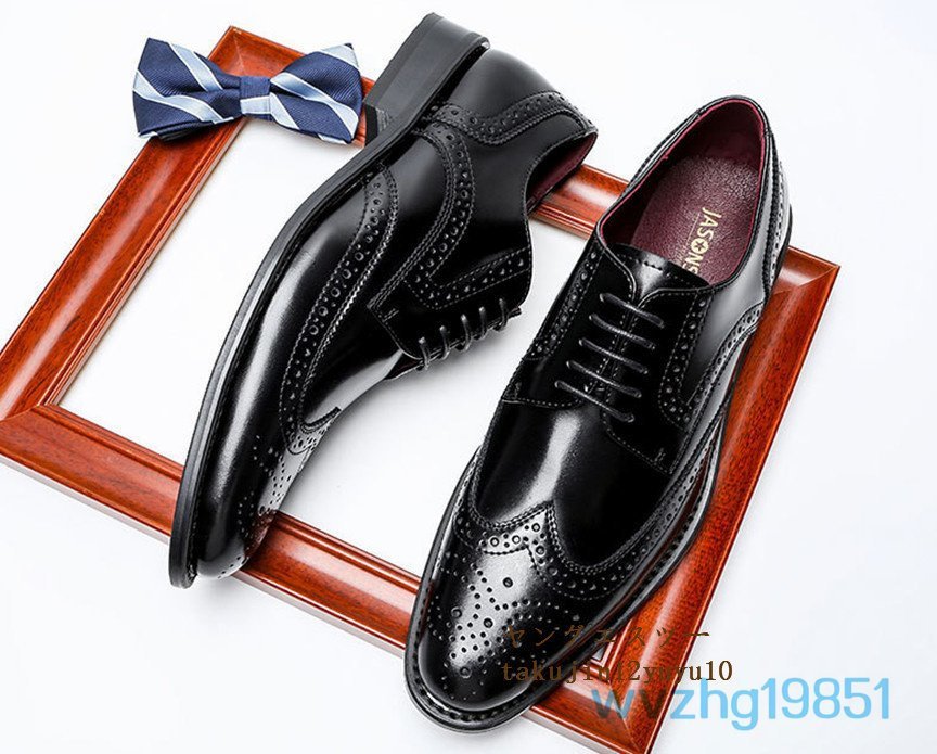 高級品 レザーシューズ 本革 ビジネスシューズ新品 メンズシューズ皮靴ウイングチップ フォーマル 職人手作り 彫り 紳士靴 黒 28.5cm_画像1