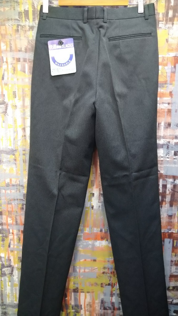 未裾上げ紙タグ/送料込★Twin allow快適機能SLACKS/合冬2タックウォッシャブルスラックス/w79表示実寸も/濃グレー無地/イージーケアポリ100_左釦留ヒップポケット