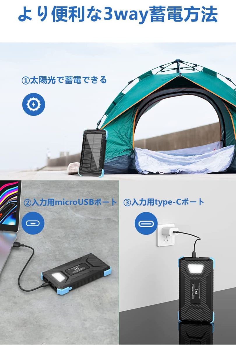 【超軽量】 20000mAh 急速充電 モバイルバッテリー ソーラー 高輝度LEDライト 3台同時充電 防水 耐衝撃_画像3