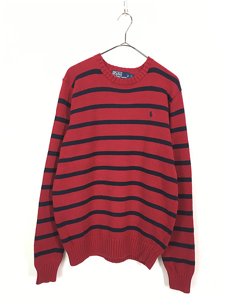 古着 Polo Ralph Lauren 赤×紺 ボーダー コットン ニット セーター L 古着_画像1