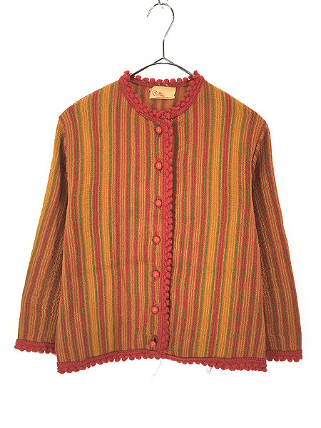  lady's old clothes 60s Petti colorful stripe frill piping wool knitted cardigan S rank old clothes 