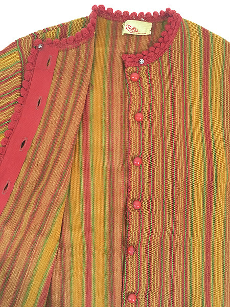  lady's old clothes 60s Petti colorful stripe frill piping wool knitted cardigan S rank old clothes 