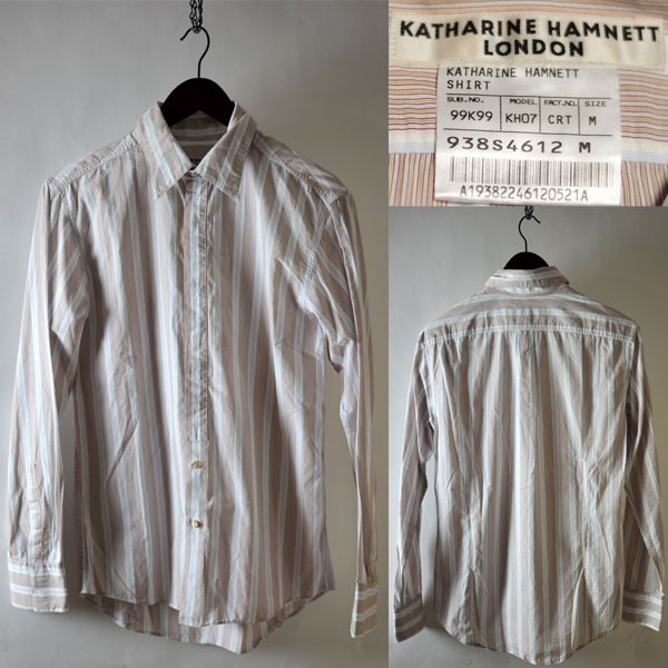 *[ внутренний стандартный товар сделано в Японии ]USED KATHARINEHAMNETT LONDON Katharine Hamnett London хлопок 100% полоса рубашка M длинный рукав 