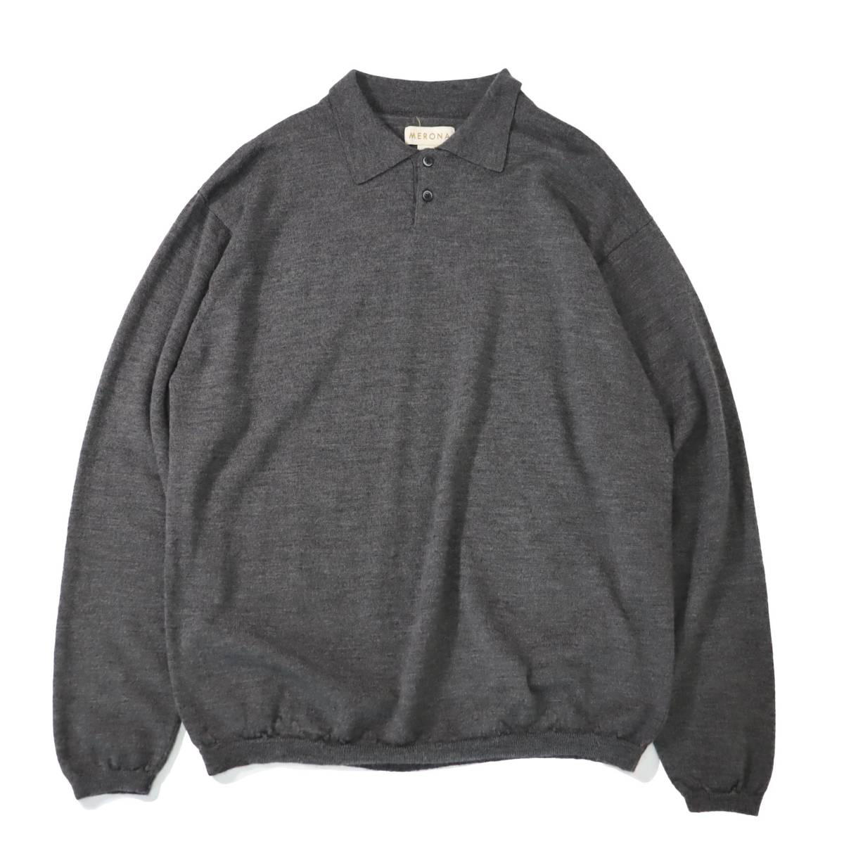 [XL] 90s Merona メリノ ウール 長袖 ニット ポロ シャツ グレー ハイゲージ セーター ビンテージ vintage
