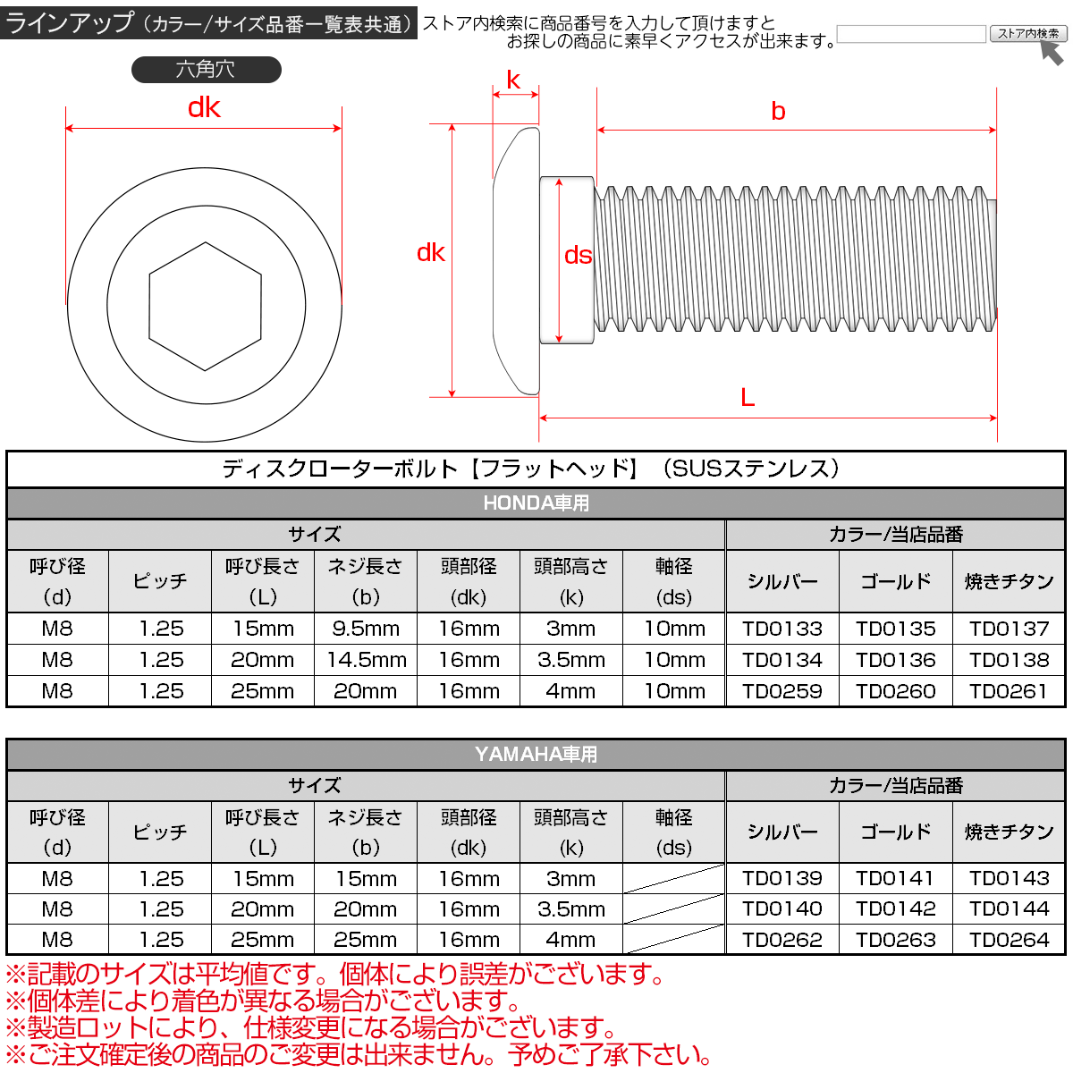 ブレーキ ディスク ローター ボルト M8×25mm P1.25 フラットヘッド ヤマハ用 SUSステンレス製 ゴールド TD0263_画像4