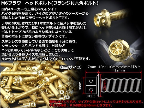 M6×20mm ステンレス フラワーヘッドボルト 六角ボルト クランクケース等エンジン周りに ゴールド TB0486_出品はM6ゴールドの20mmです。