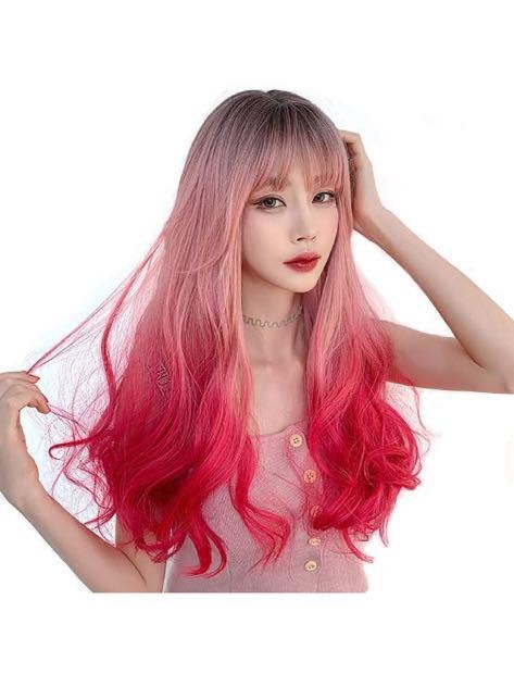  wig long pink full wig wave to coil . gradation pink nature wig .... front . lady's wig small face effect net attaching 