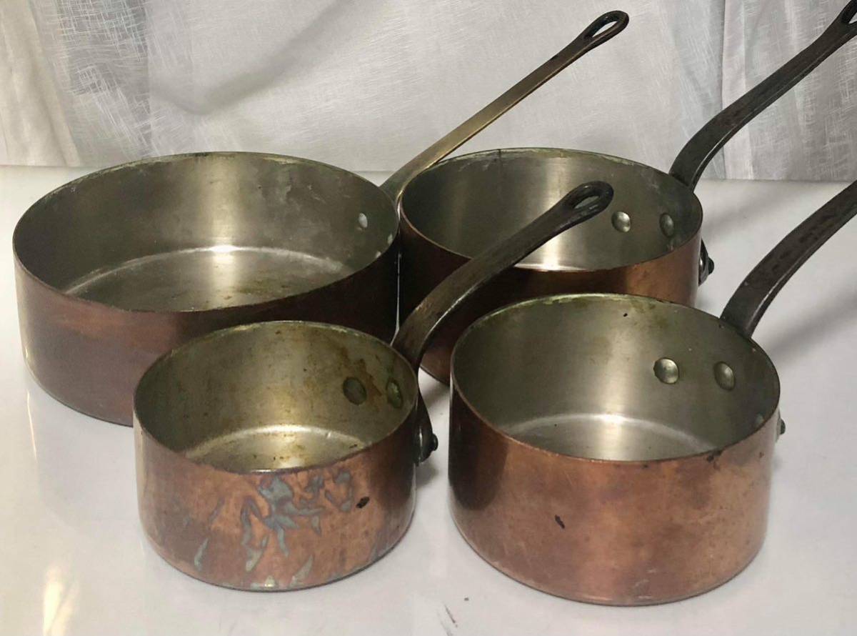 SALE ★★おすすめ★★ COPPER PANS 4 PIECES SET 銅製 片手鍋4個セット（寸法は写真でご確認ください)業務用厨房機器 中古です。