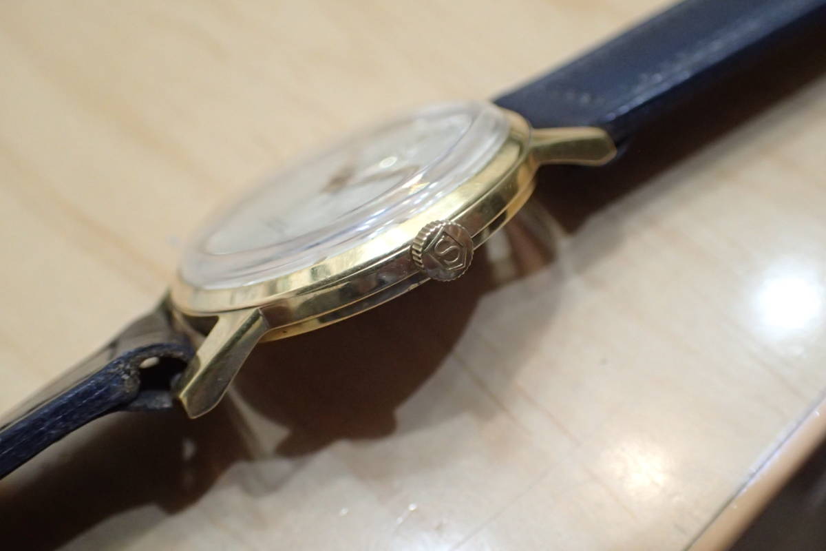 デッドストック未使用 ◆スイス製 サンドス/Sandoz ◆ゴールド/菱型インデックス アンティーク手巻きメンズ腕時計_画像2
