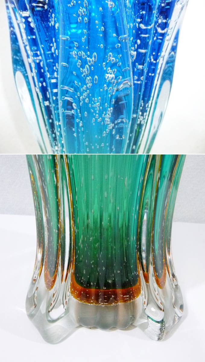 《ジャムルK》 Ko1113-108 マルティグラス ガラス製 花瓶 フラワーベース 花器 花生 花入 多重積層ガラス 青 緑 高44cm 6.1kg_画像7