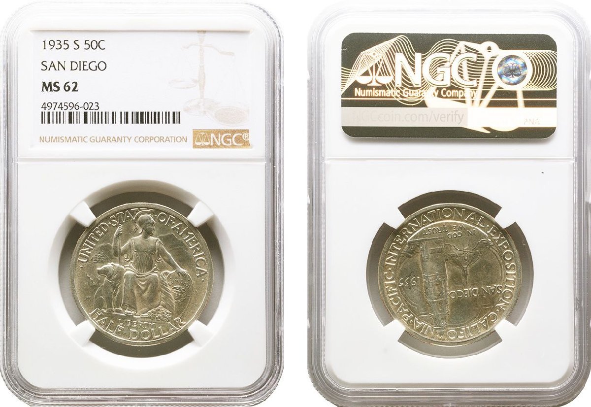 アメリカ　50セント銀貨　1935年S　未使用品　SAN DIEGO　NGC(MS62)_画像1