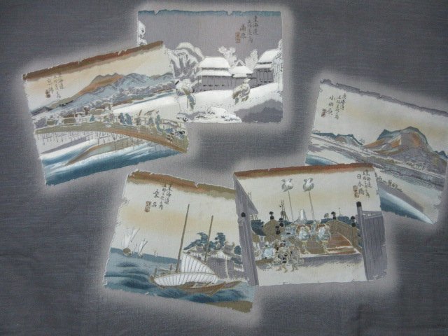 1円 中古 化繊 長襦袢 男性用 浮世絵 色紙 葛飾北斎 高級 渋カッコいい 袖無双 身丈140cm 裄67cm【夢職】★★_画像1