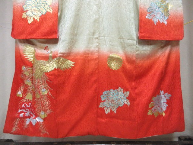 1円 中古 正絹 女児 子供着物 錦紗縮緬 七五三 アンティーク 花丸 菊 花喰い鳥 高級 袷 身丈141cm 裄60cm 【夢職】★★★_画像5