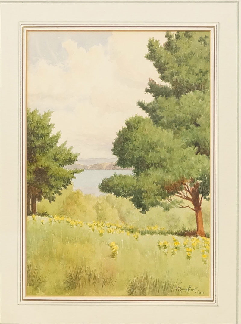 300-Enid Mauntfart [Coastl Scnes with Trees].. sea 2 number watercolor painting frame E. mount force 