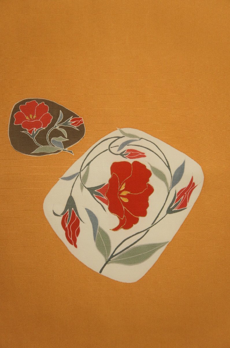  silk salt . close . persimmon color ground hand .. flower pattern Nagoya obi [N14683]