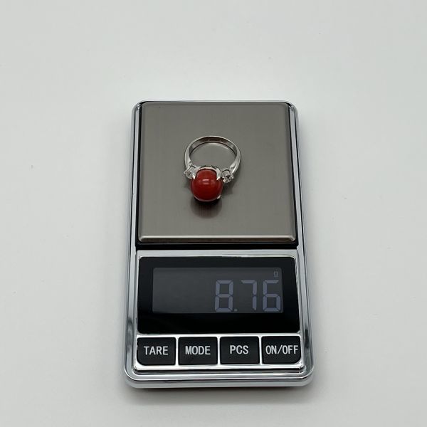 fi50530 赤 珊瑚 玉 リング ダイヤ 0.3 Pt900 総重量8.7g 丸玉 11㎜ 13号 ヴィンテージ アクセサリー 指輪 血赤_画像10