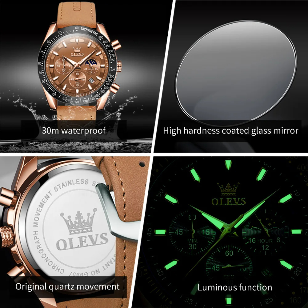 【Blue-Rose Gold】メンズ高品質腕時計 海外人気ブランド OLIVS クロノグラフ 防水 クォーツ式 レザーバンド_画像3