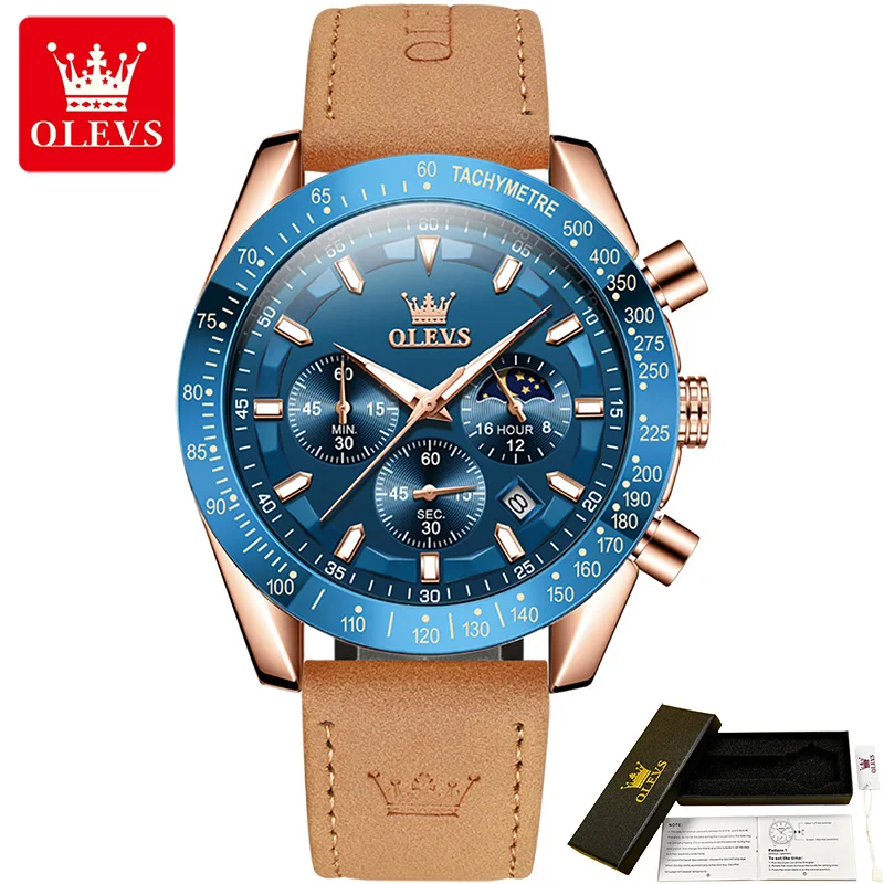 【Blue-Rose Gold】メンズ高品質腕時計 海外人気ブランド OLIVS クロノグラフ 防水 クォーツ式 レザーバンド_画像1