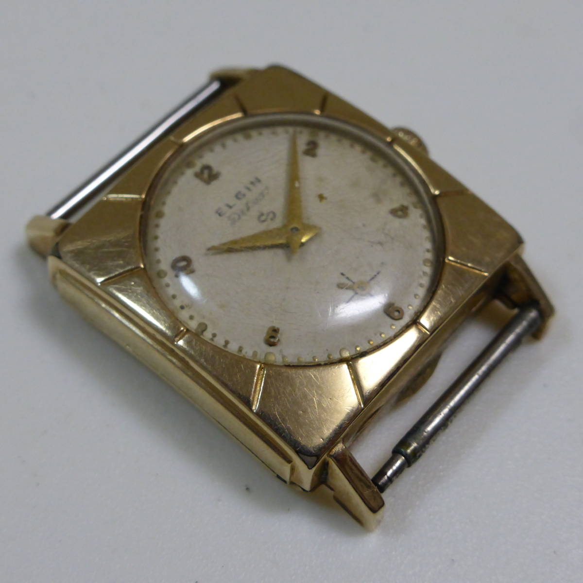 ♪珍品！ ELGIN エルジン 17石手巻き メンズ腕時計 Cal.555 スモールセコンド 総金張りスクエアーケース 要修理 現状渡し_画像2