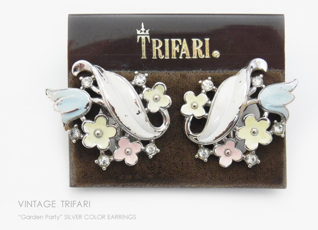 ◆ヴィンテージ TRIFARI（トリファリ）【Garden Party】フラワー＆RSのシルバーカラークリップイヤリング/コスチュームジュエリー_画像1