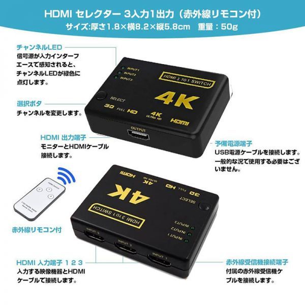 即納 HDMI 切替器 分配器 3入力1出力 4K セレクター 1080p 3DフルHD対応 自動手 動切り替えリ リモコン HDTV Blu-Ray DVD DVR Xbox PS3 PS4_画像2