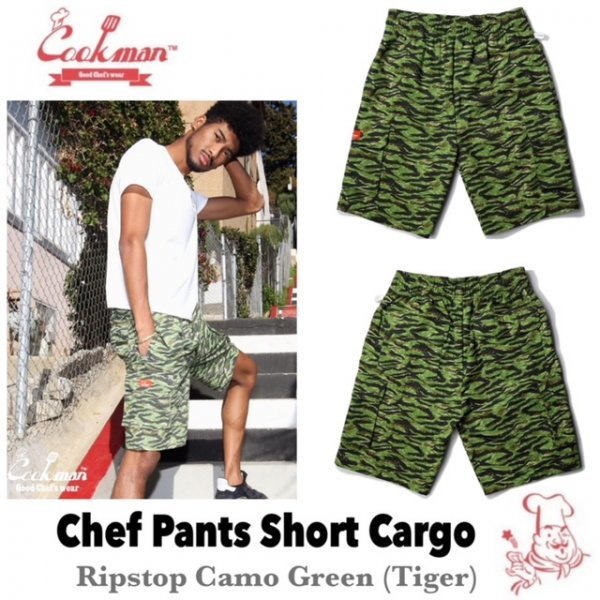 送料0 【COOKMAN】クックマン Chef Pants Short Cargo シェフパンツ ショート カーゴ 231-11931 Ripstop Camo Green (Tiger) (UNISEX)-L_画像1
