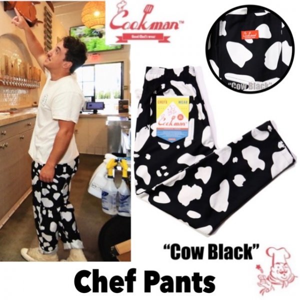 送料0 【COOKMAN】クックマン Chef Pants シェフパンツ Cow Black 牛柄 アニマル 231-23803 -L 男女兼用 イージーパンツ コックパンツ LA_画像1