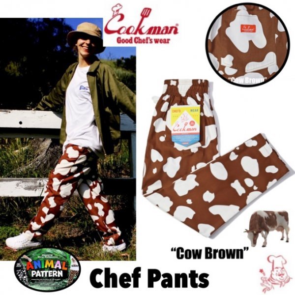 送料0 【COOKMAN】クックマン Chef Pants シェフパンツ Cow Brown 231-33805 -L 牛柄 茶牛 アニマル柄 男女兼用 イージーパンツ 西海岸