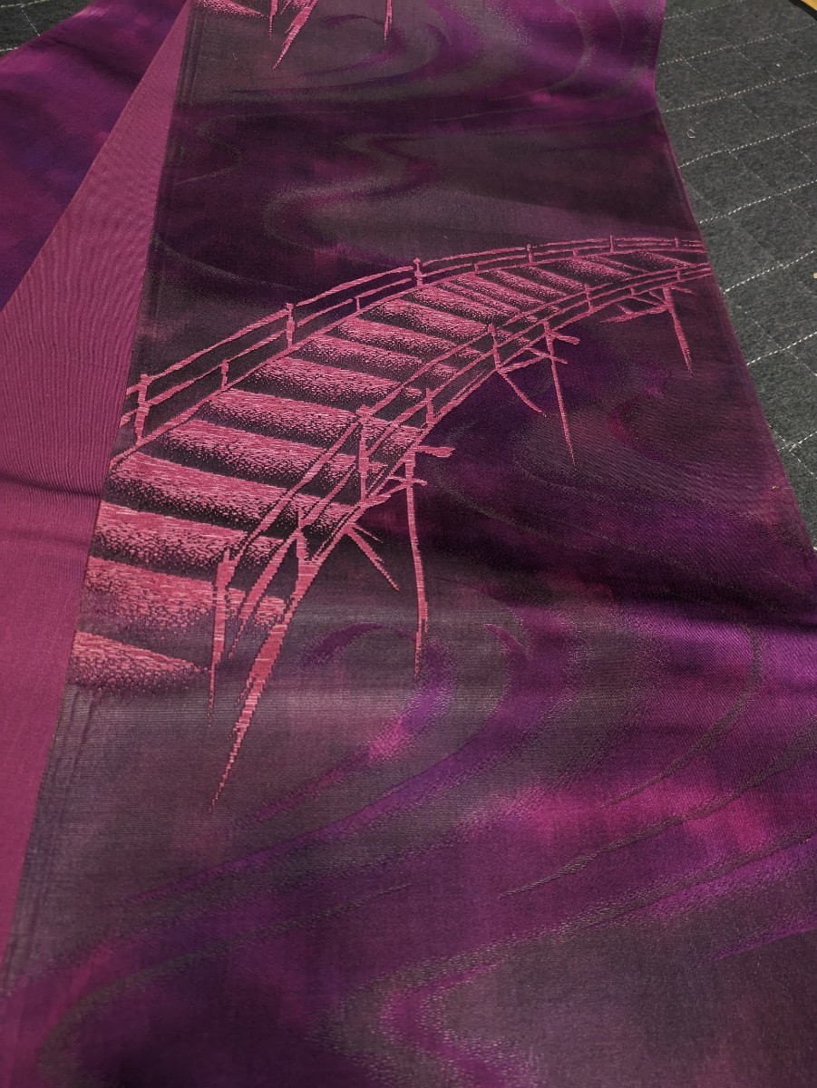 C50　レトロ　袋帯　赤紫色　橋_画像2