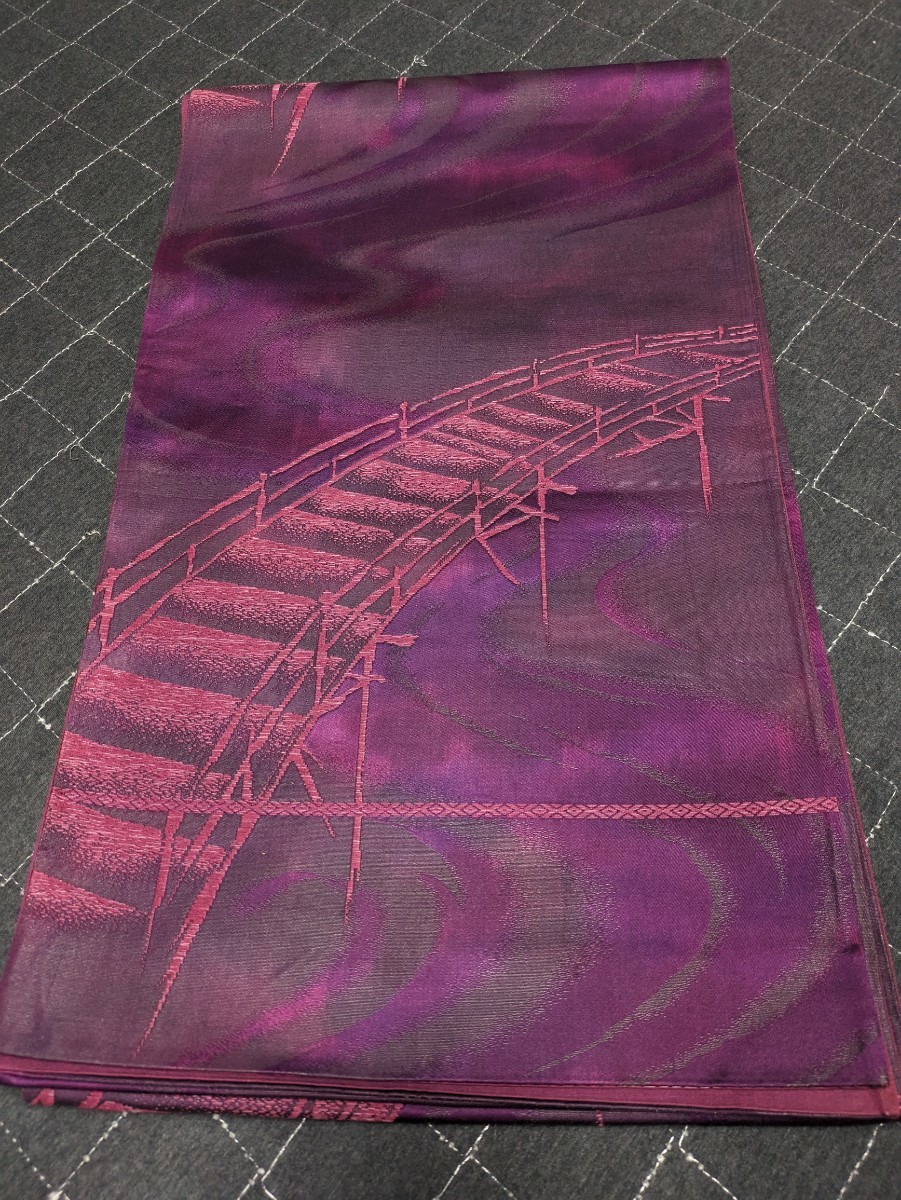 C50　レトロ　袋帯　赤紫色　橋_画像5