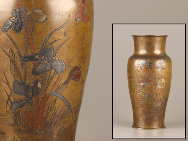 古美術 明治期 金工美術 古銅造 花瓶 象嵌 古作 時代物 極上品 初だし品 C2874