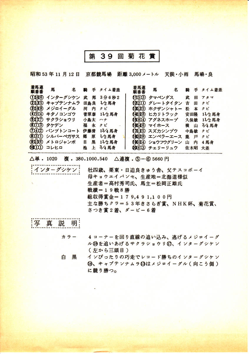 第39回菊花賞 　東京中日スポーツ　フォトサービス　昭和53年京都競馬場_画像4