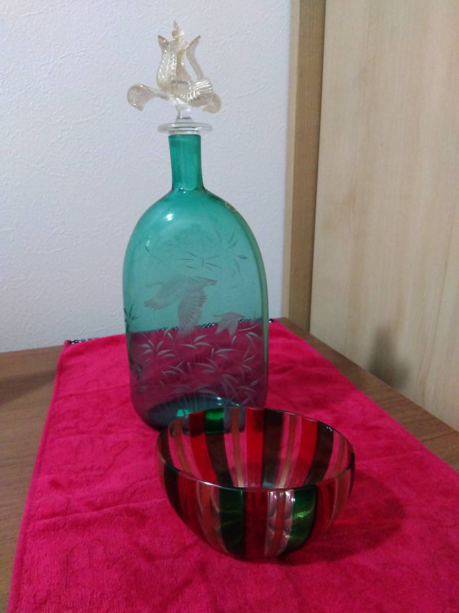 MURANO ITALY ムラノガラス フラワーベース 花器 花瓶(高さ約36㎝)＆ガラスボール ヴェネチアン グラス 2点セット_画像1