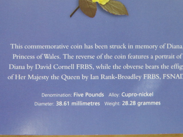  原文:【1106-E】 ダイアナ妃 メモリアルコイン ５ポンド 1999年 DIANA PRINCESS OF WALES MEMORIAL COIN (２セット計１０ポンド分)