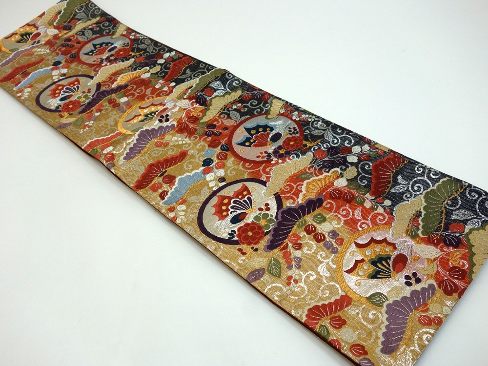 51106-16◆中古美品 振袖セット 長襦袢 袋帯 花鳥模様 金彩・金駒刺繍 金彩 オレンジ系_画像9