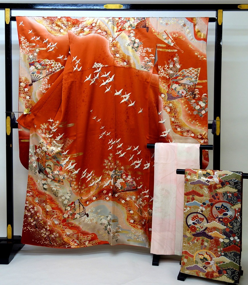 51106-16◆中古美品 振袖セット 長襦袢 袋帯 花鳥模様 金彩・金駒刺繍 金彩 オレンジ系_画像1