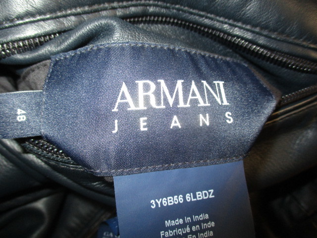 ARMANI JEANS　アルマーニ　袖　ロゴ　ラム　レザー　リバーシブル　フード　ライダース　ジャケット　ネイビー　48　国内正規品_画像4