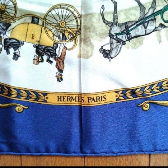 【美品】HERMES エルメス　スカーフ カレ90  ロンシャンへの散歩 馬車 大判 シルク シルクスカーフ