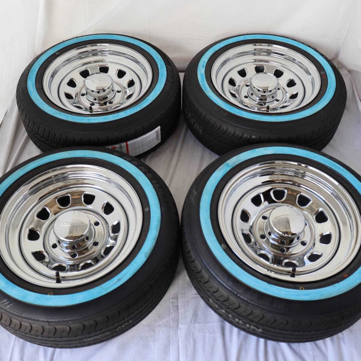 新品 デイトナ 15-7.0J＋12 6-139.7 クローム タイヤ付4本SET 195/65R15 ホワイトリボン アウトレット特価(W0455)_画像1